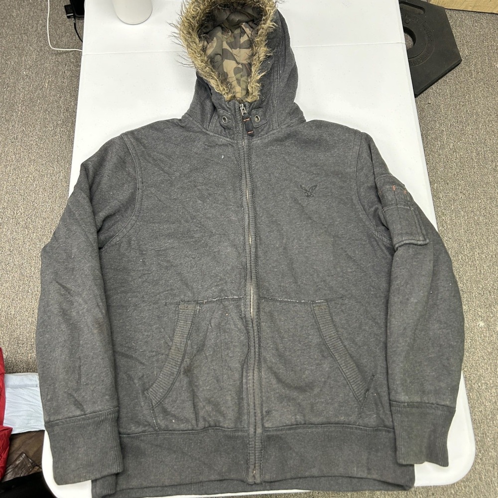 American Eagle Hoodie Mens XL Gray Camo Quilted Lining Faux Fur Trim Full Zip